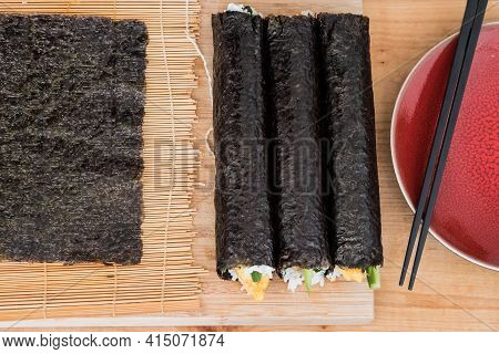 Korean Gimbap Rools Fresh Prepared Before Cutting
