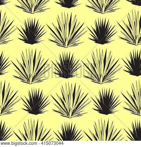 Vector Seamless Pattern With Blue Agave Silhouettes. Tequila Agave Succulent Plant Background, Wallp