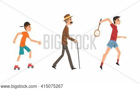 People Outdoor Activities Set, Men Of Different Ages Playing Badminton, Skateboarding And Walking Ca