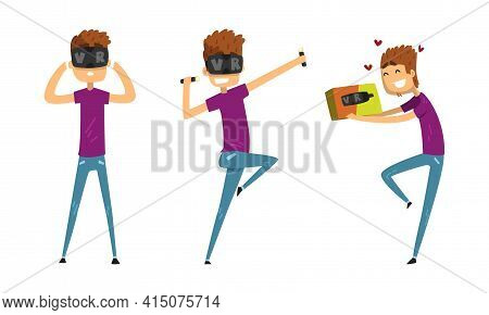 Young Man In Virtual Reality Headset Set, Guy Wearing Vr Helmet Playing Video Games, Doing Sports An