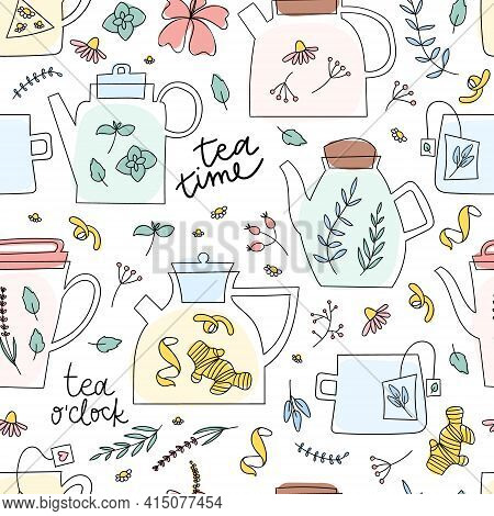 Herbal Tea Seamless Pattern. Doodle Teapot, Cup, Teabag, Flowers In Cute Hand Drawn Background.