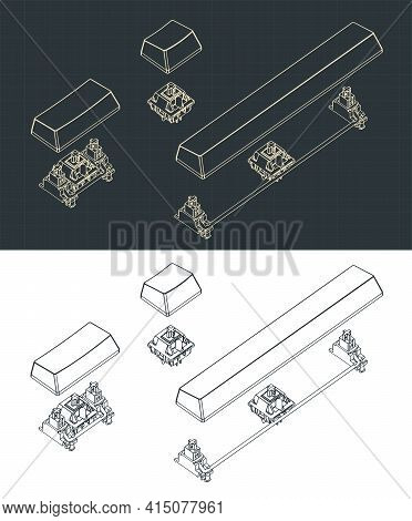 Stylized Vector Illustration Of Mechanical Switches And Keycaps Drawings