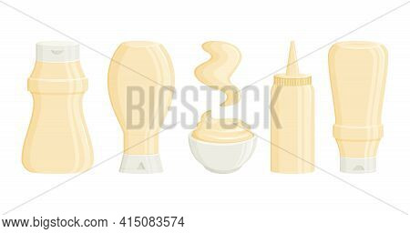 Mayonnaise Vector Bottles, Sauce Jar And Bowl. 3d Cartoon Mayo Packaging And Stain. 3d Cartoon Mayo 