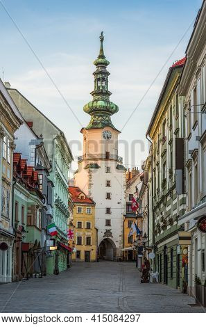 Empty Michalska Street In Bratislava Old Town During Coronavirus Pandemic With Michael's Tower (mich