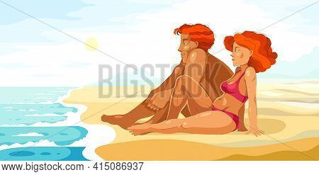 Pretty Young Couple On Sea Shore Beach Calm Relaxing And Rest Looking To The Sea, Attractive Man And