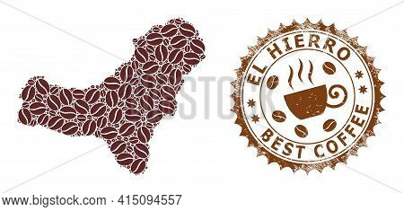 Mosaic Map Of El Hierro Island With Coffee And Grunge Mark For Best Coffee