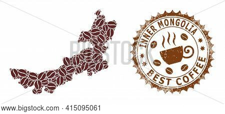 Mosaic Map Of Inner Mongolia From Coffee Beans And Textured Seal For Best Coffee