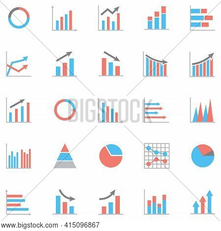 Set Of Business Graph Icon, Color Object Statistics Finance Presentation, Flat Success Report Symbol