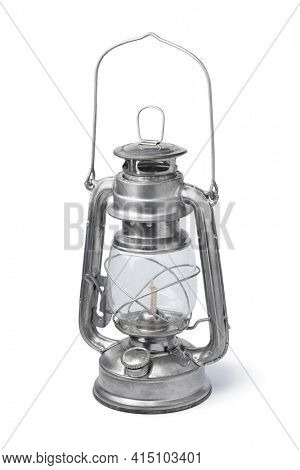 Single classic metal oil lamp lantern isolated on white background 