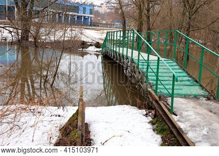 Green Metal Footbridge, Flood On The Bitsa River, Fast Current, Spring 2021