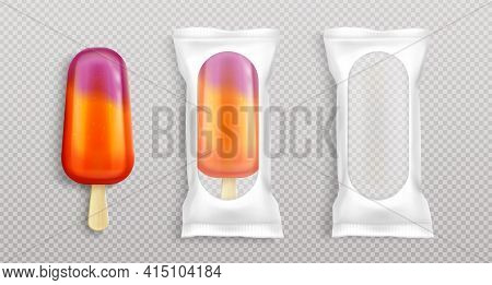 Fruit Popsicle In White Package With Clear Window. Vector Realistic Mockup Of Blank Plastic Pouch Fo