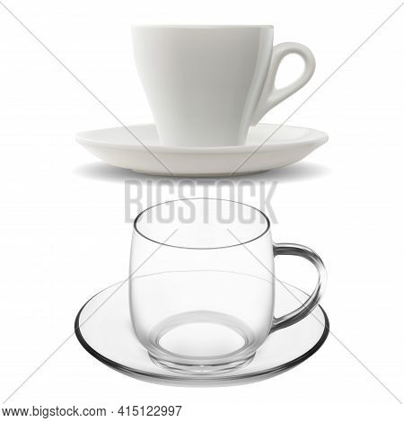 Coffee Cup, Tea Cup, Transparent Espresso Mug Isolated. Porcelain Coffee Mug With Sauser For Cappucc