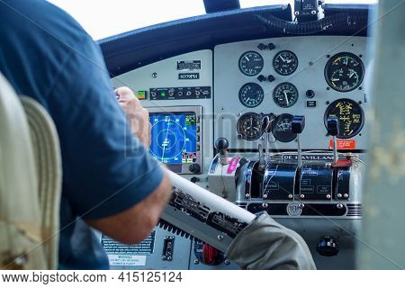 Key West, Usa - 04.30.217: Closeup Of A Cockpit Of A Small Hydrojet Plane With Altimeter, Speed Mete