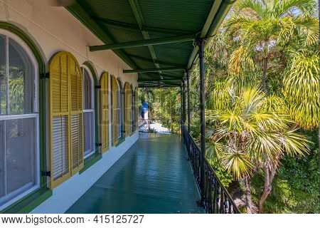 Key West, Usa - 04.30.2017: Ernest Hemingway Home In Key West. Beautiful, Lime-colored Villa In Span