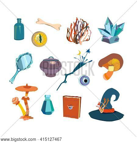 Magic Wizard Items Set With Mushrooms, Eyes And Mirror. Potion In Bottles, Magic Wand, Book With Spe