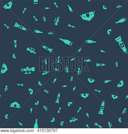 Set Bullet, Military Medical Tent, Sniper Optical Sight And Flashlight On Seamless Pattern. Vector