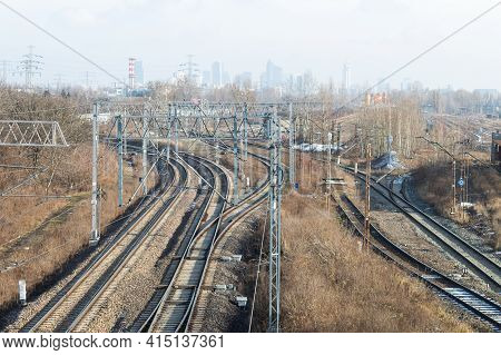 Railway And Industrial Area Of The City. Industrial Area Of The City With Rail And Multi-track Railw