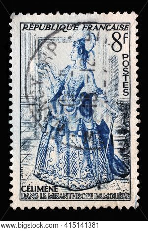 ZAGREB, CROATIA - SEPTEMBER 09, 2014: Stamp printed in the France shows image of Celimene from The Misanthrope by Jean Baptiste Poquelin Moliere, Actors series, circa 1953