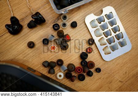 Earpieces rubbers on the counter in audio store