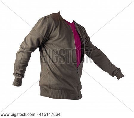Men's Dark Gren Knitten Bomber Jacket And Black Burgundy Isolated On A White Background. Fashionable