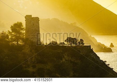 Coastal Landscape With Watchtower. Torre Del Pino, Pine Tower On Cliffs Of Maro Cerro Gordo Natural 