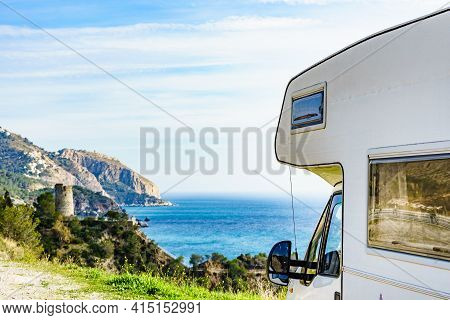 Motor Home On Spanish Coast, Seaside Cliffs Of Maro Cerro Gordo. Costa Del Sol, Andalusia Spain. Vis
