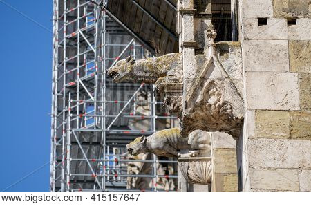 Lime Sandstone Gargoyles At St. Peter\'s Cathedral In Regensburg, Photographed In Spring