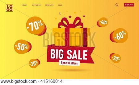 Web Banner For Promo Landing Page With Gift Box And Ribbon And Precent Discount Around The Box With 