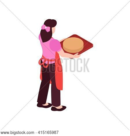 Woman Cook With Unbaked Cake On Tray 3d Isometric Vector Illustration