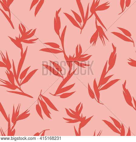 Pink Seamless Pattern With Red Silhouettes Of Heliconia Bihai Tropical Flowers. Vector Pattern For F