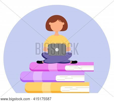 The Cute Girl With Laptop Sits On Books. Online Education Or Business Training Concept. Vector Stock