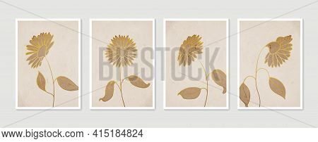 Botanical Wall Art Set. Minimal And Natural Wall Art. Boho Foliage Line Art Drawing With Abstract Sh