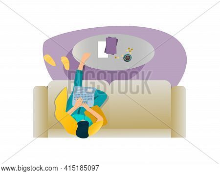 Woman In Sofa With Laptop And Table Top View. Vector Illustration Isolated On White Background.