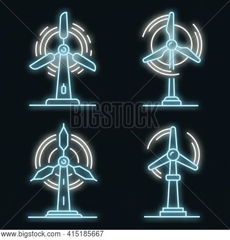 Wind Turbine Icons Set. Outline Set Of Wind Turbine Vector Icons Neon Color On Black