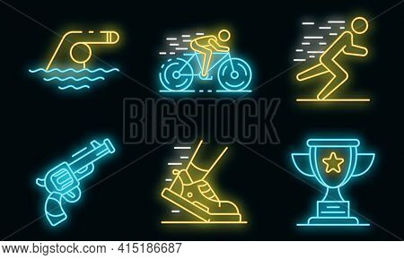 Triathlon Icons Set. Outline Set Of Triathlon Vector Icons Neon Color On Black