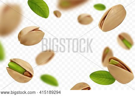 Realistic Falling Ripe Pistachios With Green Leaves Isolated On Transparent Background. Flying Defoc