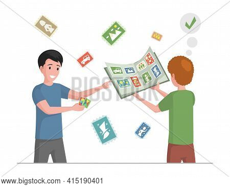 Happy Smiling Boys Collecting Postmarks Vector Flat Illustration. Children Playing Together. Kids Ho