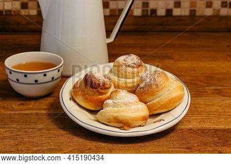 Traditional Easter Baking Served With Honey At Breakfast.delicious Homemade Hot Buns From Sweet Yeas