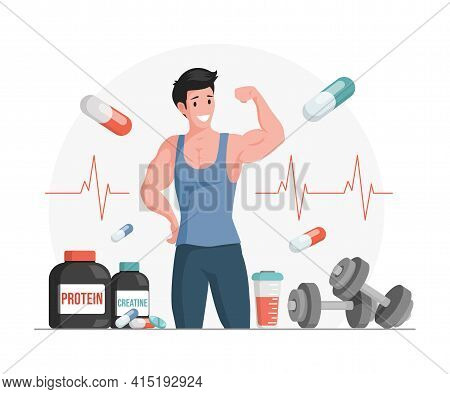 Athlete Showing Muscles Vector Cartoon Illustration. Bottles And Shaker With Protein And Creatine. S