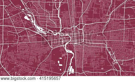 Red Vector Background Map, Columbus City Area Streets And Water Cartography Illustration. Widescreen