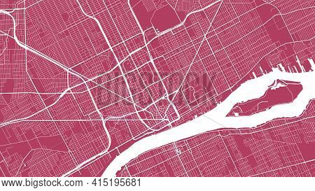 Red And White Vector Background Map, Detroit City Area Streets And Water Cartography Illustration. W