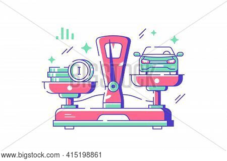 Auto And Amount Of Money Vector Illustration. Metal Scale With Automobile And Coins Flat Style. Comp
