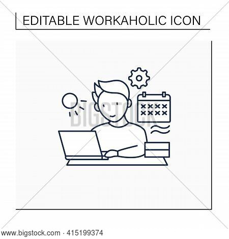 Workaholic Line Icon.work Through Vocation, Overtime. Work Despite Calendar Days Off. Man At Laptop.