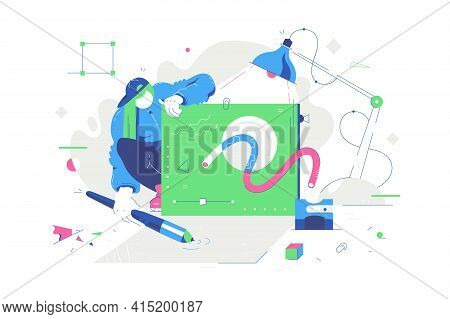 Young Attractive Woman Drawing Using Toolset Of Digital Pencil. Concept Of Girl Character With Green
