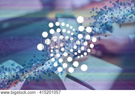 Iota, Miota Cryptocurrency Sign. Business Person, Trader, Investor, Analyst Using Mobile Phone App A
