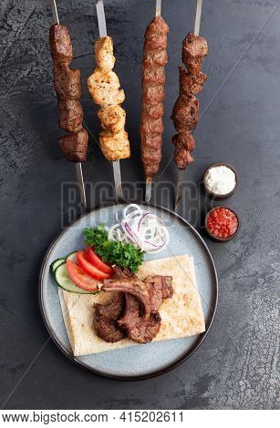 Platter Of Kebabs. Kebab Chicken, Kebab With Lamb, A Shish Kebab Of Chicken