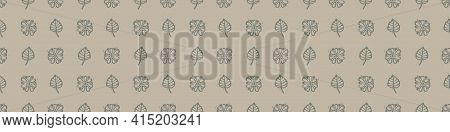 Hand Carved Leaf Block Print Seamless Border Pattern. Rustic Naive Folk Motif Illustration Banner. M