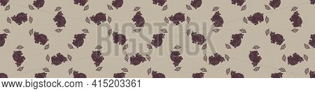 Hand Carved Bear Block Print Seamless Border Pattern. Rustic Naive Folk Motif Illustration Banner. M