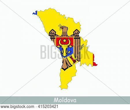 Moldova Map Flag. Map Of The Republic Of Moldova With The Moldovan National Flag Isolated On White B