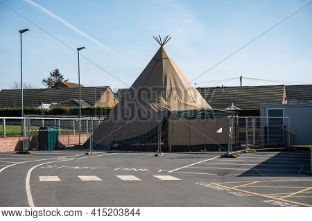 Amble, Northumberland, Uk - March 21, 2021: Covid 19 Testing And Vaccination Centre. Temporary Tent 